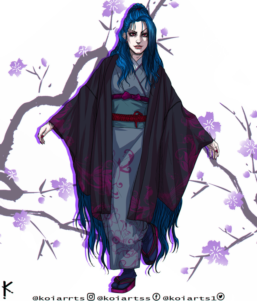 1girl alternate_costume artist_name belt blue_hair bow branch ear_piercing floral_background floral_print grey_kimono hand_tattoo highres japanese_clothes jinx_(league_of_legends) kimono koiarts league_of_legends long_hair looking_at_viewer mouth_piercing piercing red_bow red_eyes red_lips sandals socks solo tattoo very_long_hair white_background wide_sleeves