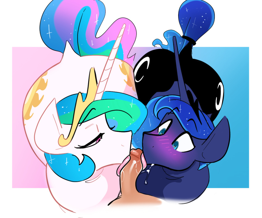 &lt;3 &lt;3_eyes accessory averysweatyboy bestiality blue_body blue_fur blue_hair blue_tail blush bodily_fluids crown cutie_mark dock equid equine ethereal_hair ethereal_mane ethereal_tail female feral friendship_is_magic fur furgonomics genitals green_hair green_tail hair hasbro headgear horn human human_on_feral humanoid_genitalia humanoid_penis interspecies licking long_horn male male/female mammal my_little_pony oral penile penis penis_lick pink_eyes pink_tail pink_tongue princess_celestia_(mlp) princess_luna_(mlp) pseudo_hair pseudo_mane saliva sex sibling_(lore) sister_(lore) sisters_(lore) tail tail_accessory tongue tongue_out unicorn white_body white_fur