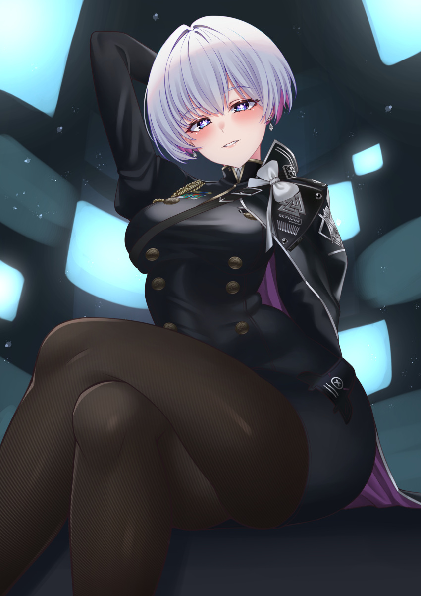+_+ 1girl absurdres arm_behind_head black_cape black_jacket black_pantyhose blue_eyes blush breasts cape colored_inner_hair crossed_legs earrings goddess_of_victory:_nikke grin highres jacket jewelry liliweiss_(nikke) medium_breasts military_uniform multicolored_hair pantyhose parted_lips pink_hair purple_cape short_hair sitting skin_tight smile solo star-shaped_pupils star_(symbol) symbol-shaped_pupils two-sided_cape two-sided_fabric uniform wanzi_(99wanzi99) white_hair