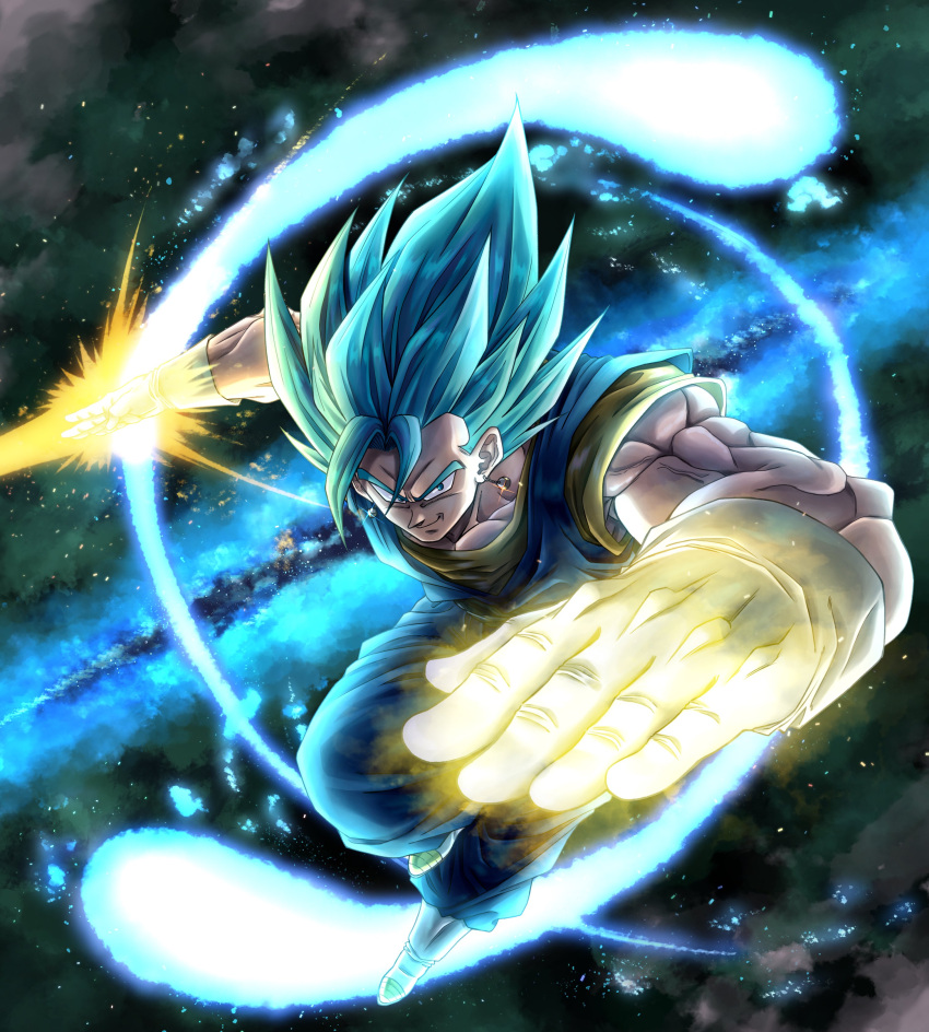 1boy absurdres black_background blue_background blue_eyes blue_hair blue_pants blue_shirt boots charging_forward commentary_request dougi dragon_ball dragon_ball_super dragon_ball_z_dokkan_battle earrings energy_ball energy_sword gloves green_background highres incoming_attack jewelry male_focus mocky_art multicolored_background muscular muscular_male orange_shirt pants potara_earrings shirt smile solo spiked_hair super_saiyan super_saiyan_blue sword v-shaped_eyebrows vegetto weapon white_footwear white_gloves