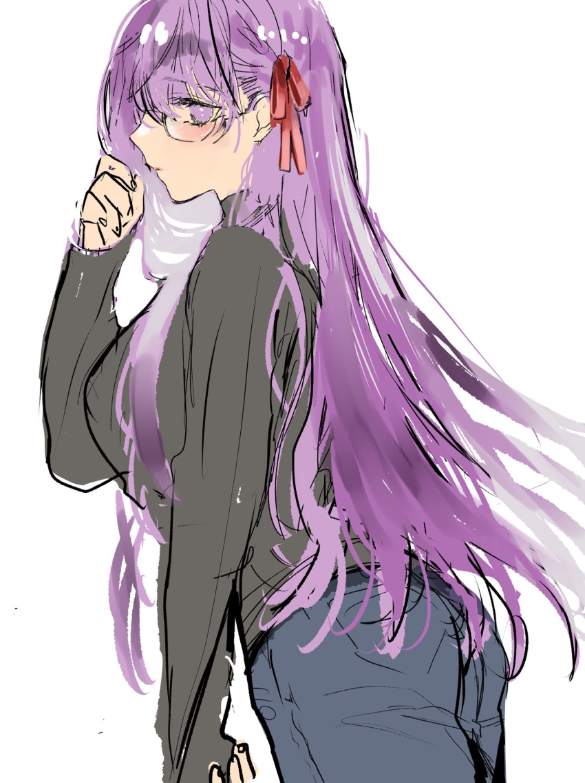 1girl ass black_shirt blush breasts denim fate/stay_night fate_(series) from_side glasses hair_between_eyes hair_ribbon highres jeans large_breasts long_hair long_sleeves looking_at_viewer matou_sakura pants purple_eyes purple_hair red_ribbon ribbon shimatori_(sanyyyy) shirt simple_background white_background