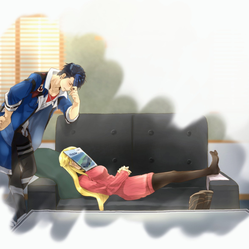 1boy 1girl agnes_claudel boots coat couch dog_tags eiyuu_densetsu facepalm hand_on_own_hip indoors kuro_no_kiseki lying mikamikiseki multicolored_hair pillow sweater table thighhighs two-tone_hair van_arkride