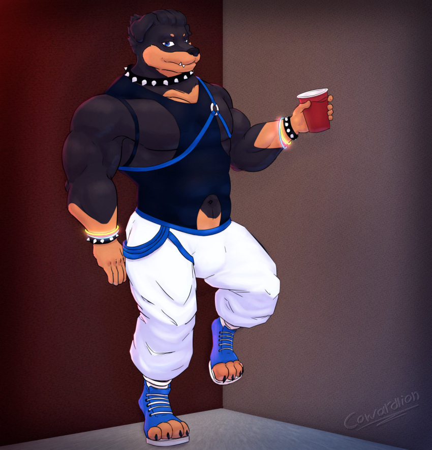 anthro black_clothing black_shirt black_tank_top black_topwear blue_clothing blue_footwear blue_shoes bottomwear bracelet canid canine canis casuallynoted charlie_(casuallynoted) clothing collar cowardlion domestic_dog footwear glow_bracelet hi_res jewelry leaning_against_wall male mammal mastiff molosser muscular pants paw_shoes rottweiler shirt shoes solo solo_cup spiked_bracelet spiked_collar spikes tank_top topwear white_bottomwear white_clothing white_pants