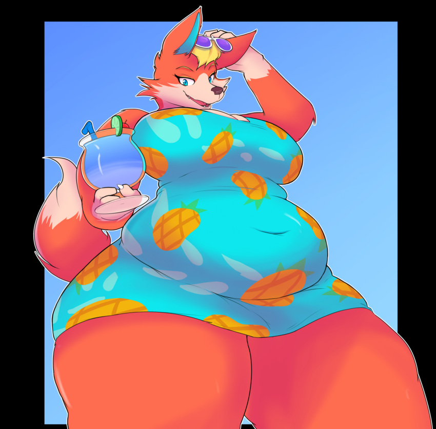 animal_crossing anthro audie_(animal_crossing) bee-unit belly belly_overhang big_belly big_breasts black_nose blue_eyes breasts canid canine canis cleavage clothed clothing countershade_face countershade_fur countershade_hands countershade_tail countershade_torso countershading dipstick_tail dress eyewear eyewear_on_head female fur hi_res holding_glass holding_object low-angle_view mammal markings navel_outline nintendo open_mouth orange_body orange_fur overweight overweight_anthro overweight_female pudgy_belly snout solo standing sunglasses sunglasses_on_head tail tail_markings tan_body tan_countershading tan_fur tongue vacation_juice wolf