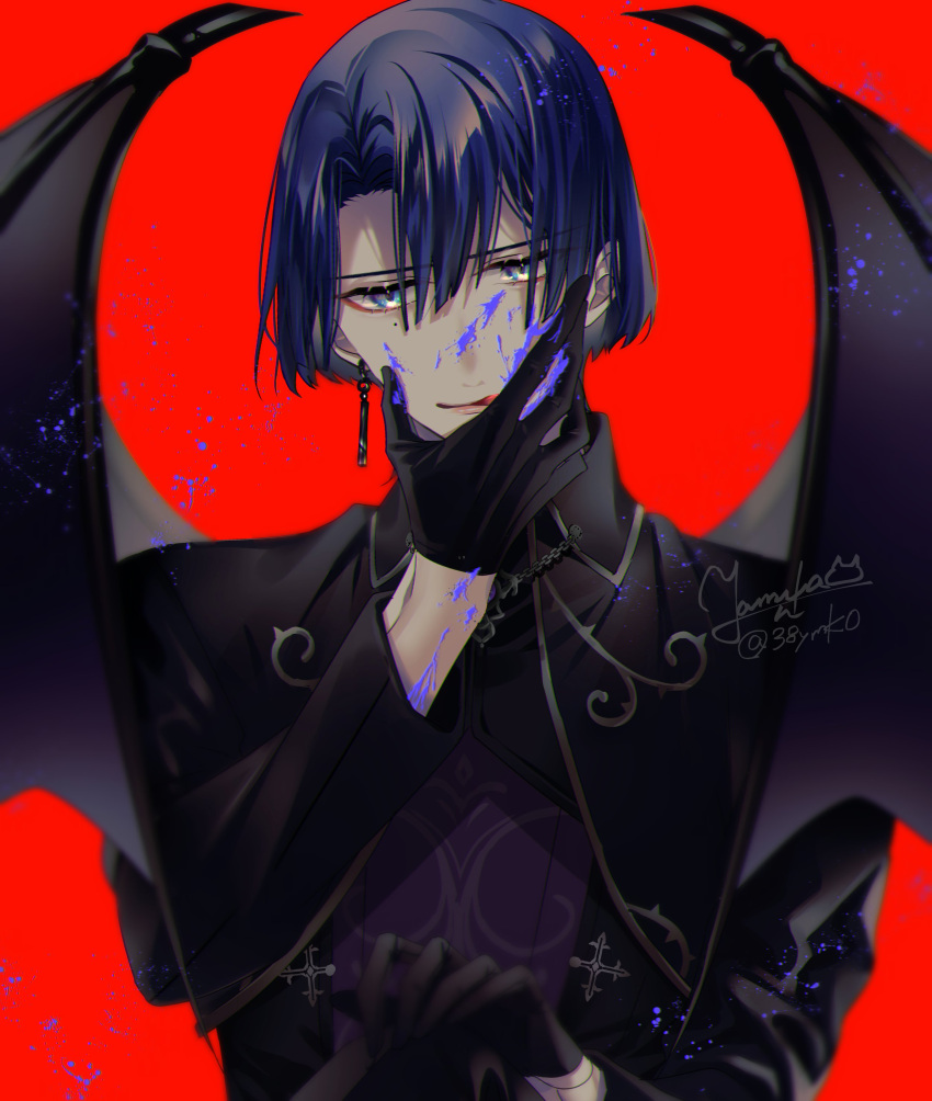 1boy absurdres black_gloves black_jacket blood blood_on_face blood_on_hands blood_splatter blue_blood blue_eyes blue_hair blunt_ends bob_cut collar_chain_(jewelry) collared_jacket cross curtained_hair demon_wings earrings gloves hair_between_eyes half_gloves hand_on_own_face head_tilt highres hijirikawa_masato holding jacket jewelry licking_lips looking_at_viewer male_focus mole mole_under_eye official_alternate_costume purple_shirt red_background shirt short_hair simple_background single_earring solo tongue tongue_out upper_body uta_no_prince-sama uta_no_prince-sama:_shining_live wings yamika