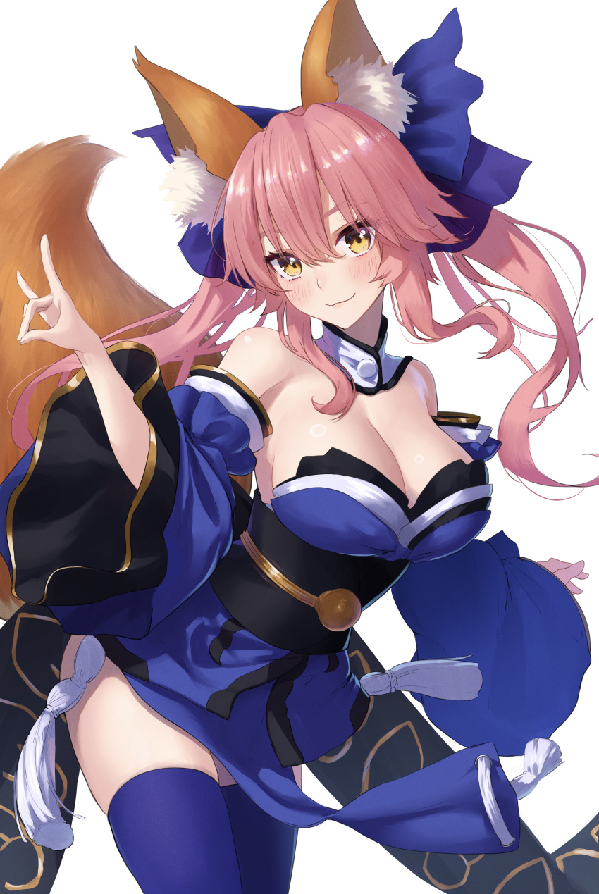 1girl absurdres animal_ear_fluff animal_ears bare_shoulders black_sash blue_kimono blue_ribbon blue_sleeves blue_thighhighs blush breasts cleavage closed_mouth collar commentary_request detached_collar detached_sleeves fate/extra fate_(series) fingernails fox_ears fox_girl fox_shadow_puppet fox_tail hair_between_eyes hair_ribbon head_tilt highres japanese_clothes kimono large_breasts long_hair long_sleeves looking_at_viewer nose pink_eyes ribbon sash simple_background smile solo standing tail tamamo_(fate) tamamo_no_mae_(fate/extra) tansui_san_(tcjp4784) tassel thighhighs white_background white_collar white_tassel wide_sleeves yellow_eyes