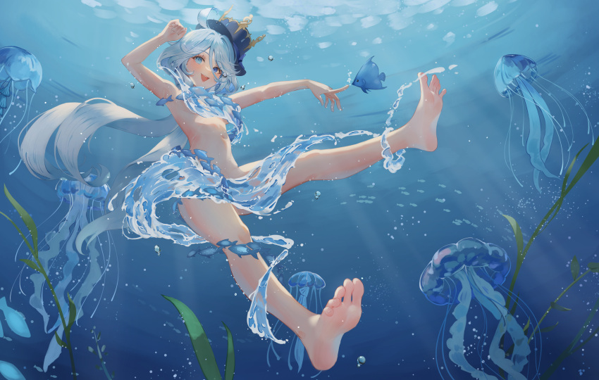 1girl armpits bare_arms bare_legs bare_shoulders barefoot blue_eyes blue_hair blue_headwear drop-shaped_pupils feet fish full_body furina_(genshin_impact) genshin_impact hat highres legs long_hair looking_at_viewer mismatched_pupils no_bra no_panties nude open_mouth soles those_girls toes top_hat water water_censor