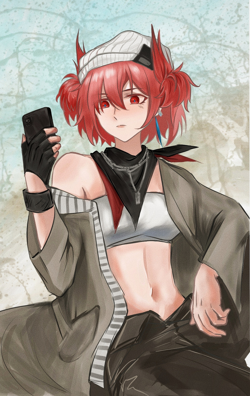 1girl absurdres arknights bandana bandeau black_gloves black_pants cellphone commentary_request fiammetta_(arknights) fingerless_gloves gloves grey_jacket hair_between_eyes hand_up highres holding holding_phone jacket long_sleeves midriff navel off_shoulder official_alternate_costume pants phone pointy_hair red_eyes red_hair short_hair single_bare_shoulder smartphone solo stomach strapless tube_top white_headwear yane_(xingchenai184)