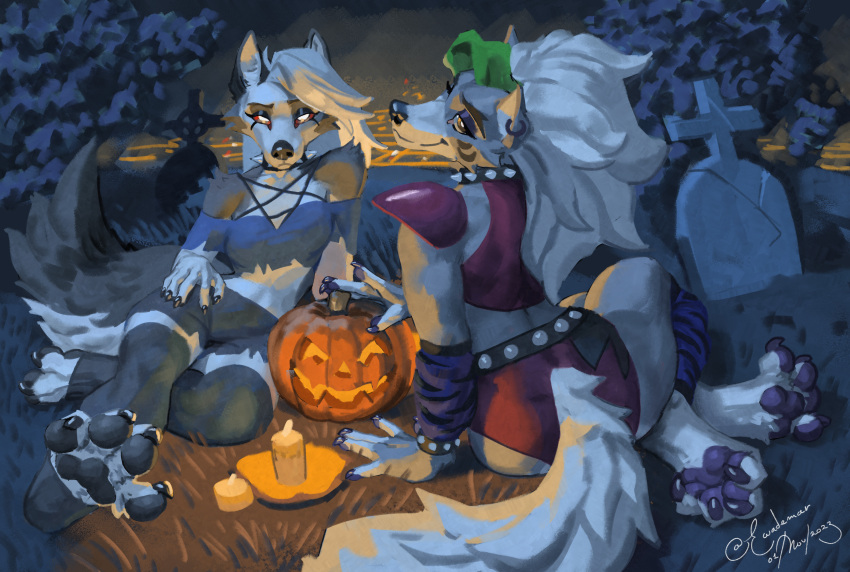 absurd_res anthro back_muscles breasts cemetery city duo ewademar female five_nights_at_freddy's five_nights_at_freddy's:_security_breach foot_fetish foot_play halloween helluva_boss hi_res holidays jack-o'-lantern loona_(helluva_boss) paws rear_view roxanne_wolf_(fnaf) scottgames steel_wool_studios tail