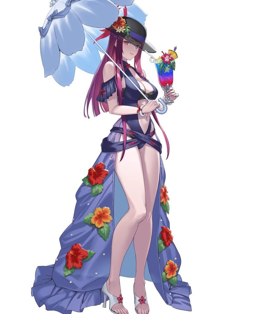 1girl bare_shoulders bracelet breasts cuboon feet fire_emblem fire_emblem_engage fire_emblem_heroes full_body hat highres ivy_(fire_emblem) jewelry legs long_hair medium_breasts non-web_source official_art one-piece_swimsuit purple_eyes purple_hair sandals solo swimsuit toenails toes transparent_background