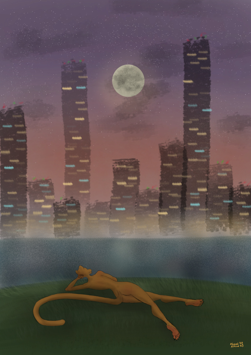 5_toes absurd_res anthro butt city city_background city_lights claws convenient_censorship feet felid female fog foggy_background grass hand_on_own_head hi_res lion lying_on_ground mammal moon nakedpillow night nude pantherine pink_feet plant plantigrade rear_view river shaded simple_background simple_shading sky solo star starry_sky tail toe_claws toes