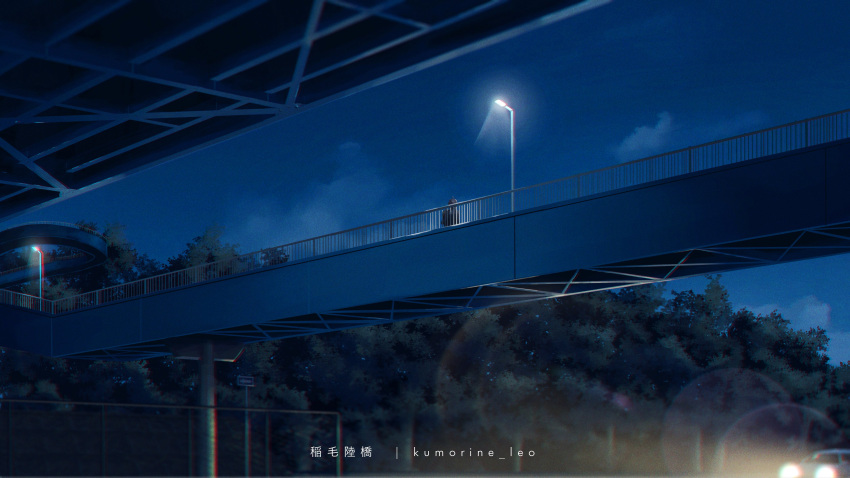 1boy absurdres artist_name bridge car highres hikigaya_hachiman kumorine_leo lamppost motor_vehicle night night_sky pedestrian_bridge real_world_location scenery sky solo tree yahari_ore_no_seishun_lovecome_wa_machigatteiru.