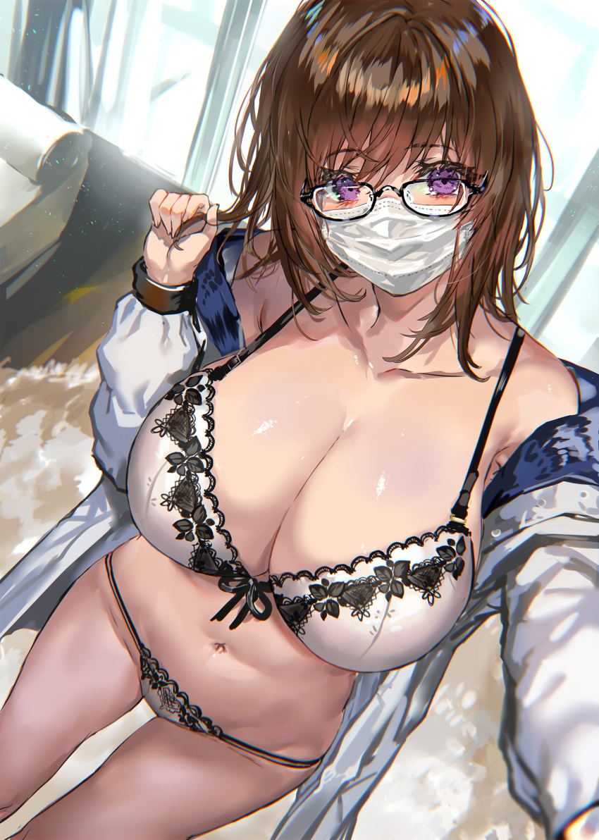1girl bra breasts brown_hair cleavage coat couch glasses hand_up highres huge_breasts indoors long_hair long_sleeves looking_at_viewer mask mouth_mask navel open_clothes open_shirt original outstretched_arm panties pants purple_eyes ran'ou_(tamago_no_kimi) solo standing underwear white_bra white_panties