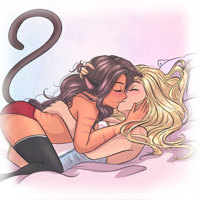 2girls adora_(she-ra) animal_ears cat_ears cat_tail catra clothed_female_nude_female dark_skin freckles highres kiss multiple_girls nude panties red_panties she-ra_and_the_princesses_of_power tail topless underwear yuri zero_lawliet