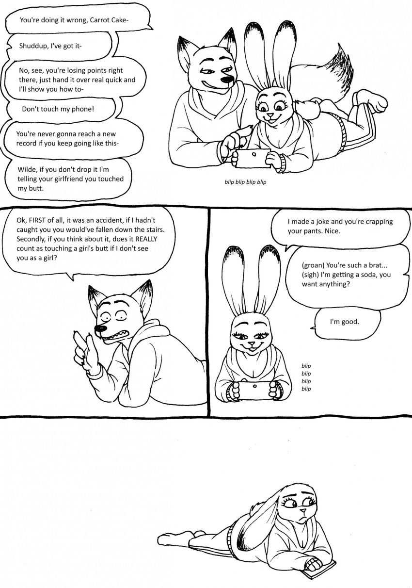 2023 4_fingers anthro barefoot bernielover breasts canid canine cellphone claws cleavage clothed clothing comic dialogue disney duo english_text feet female finger_claws fingers fox gaming hi_res hindpaw hoodie humanoid_hands judy_hopps lagomorph leporid lying male male/female mammal nick_wilde on_front open_mouth open_smile paws phone playing_videogame rabbit smartphone smile speech_bubble teeth text topwear wide_eyed zootopia