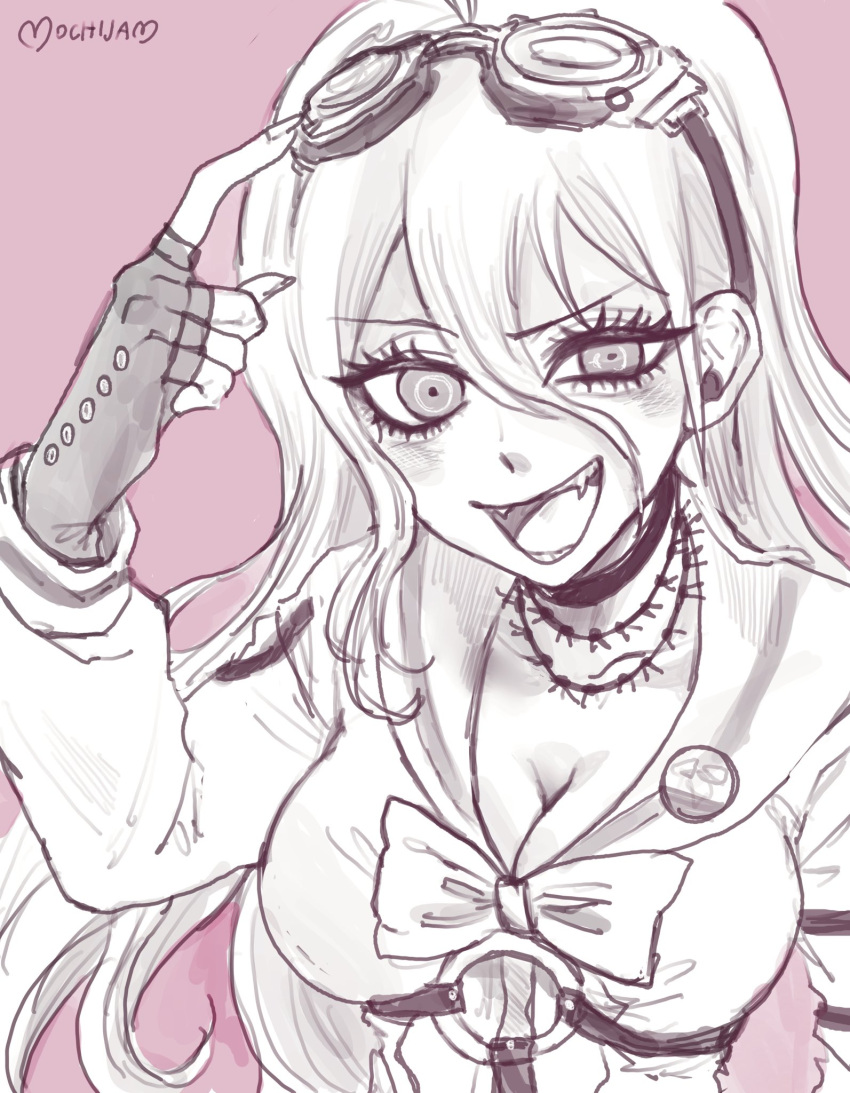 1girl :d antenna_hair barbed_wire bow bowtie breasts choker cleavage danganronpa_(series) danganronpa_v3:_killing_harmony fangs fingerless_gloves gloves goggles goggles_on_head hair_between_eyes highres iruma_miu large_breasts long_sleeves mochijam o-ring pink_background sailor_collar shirt simple_background smile solo teeth