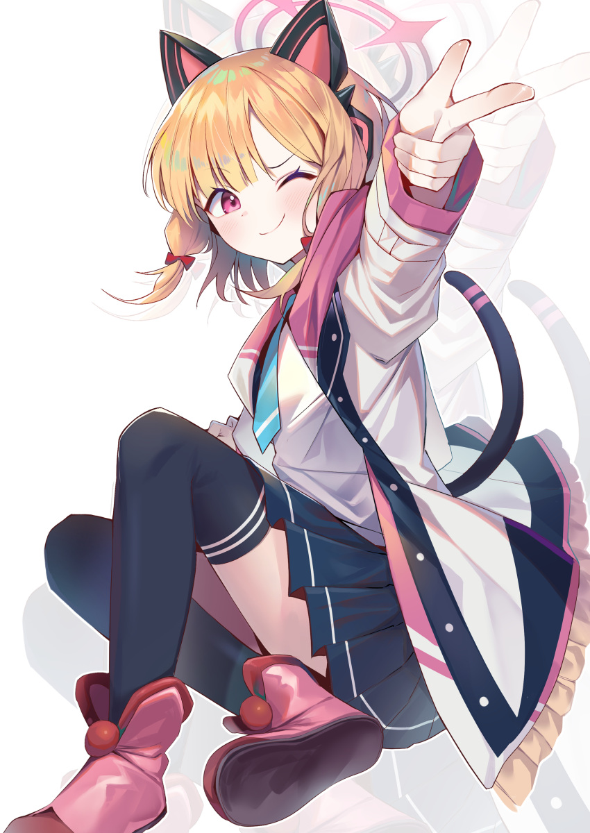 1girl absurdres animal_ear_headphones animal_ears blonde_hair blue_archive blue_necktie bow cat_ear_headphones cat_tail fake_animal_ears fake_tail halo headphones highres jacket kurobi_(netisz) momoi_(blue_archive) necktie one_eye_closed open_clothes open_jacket red_bow school_uniform simple_background solo tail thighhighs v white_background zoom_layer