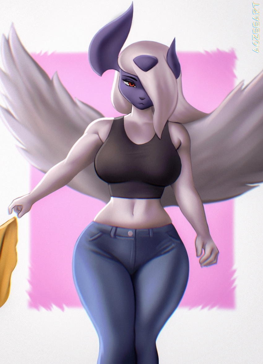 2023 abs absol anthro aozee artist_name athletic athletic_anthro athletic_female biceps big_breasts bottomwear breasts clothing crop_top curvaceous curvy_figure denim denim_clothing digital_drawing_(artwork) digital_media_(artwork) eyelashes female fingers fur generation_3_pokemon grey_body grey_fur hair hair_over_eye hi_res jeans long_hair looking_at_viewer midriff multicolored_body multicolored_fur navel nintendo one_eye_obstructed orange_eyes pants pokemon pokemon_(species) shirt simple_background solo thick_thighs topwear two_tone_body two_tone_fur voluptuous watermark white_body white_fur white_hair wide_hips wings