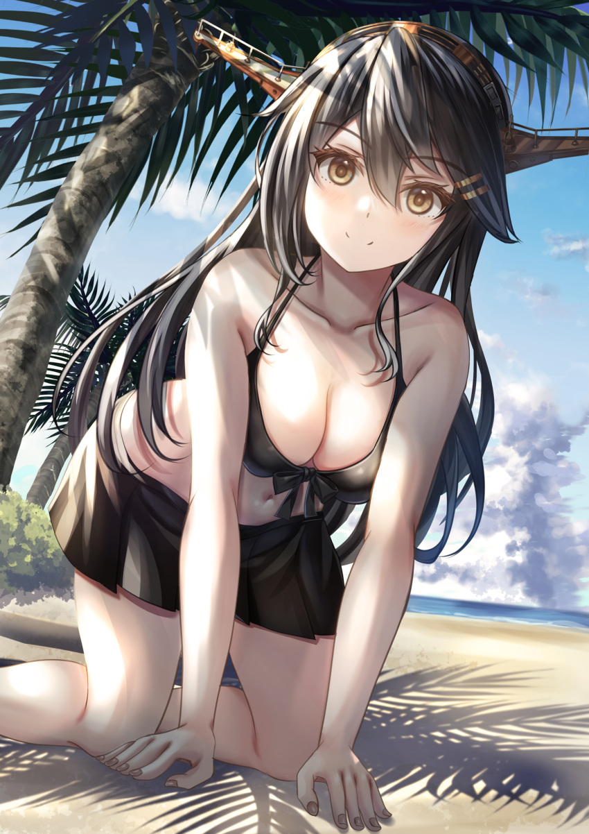 1girl bare_shoulders bikini bikini_skirt black_bikini black_hair breasts cleavage hair_ornament hairclip haruna_(kancolle) haruna_kai_ni_(kancolle) headgear highres kantai_collection long_hair looking_at_viewer miyazaki_yukichi official_alternate_costume palm_tree smile solo swimsuit tree yellow_eyes