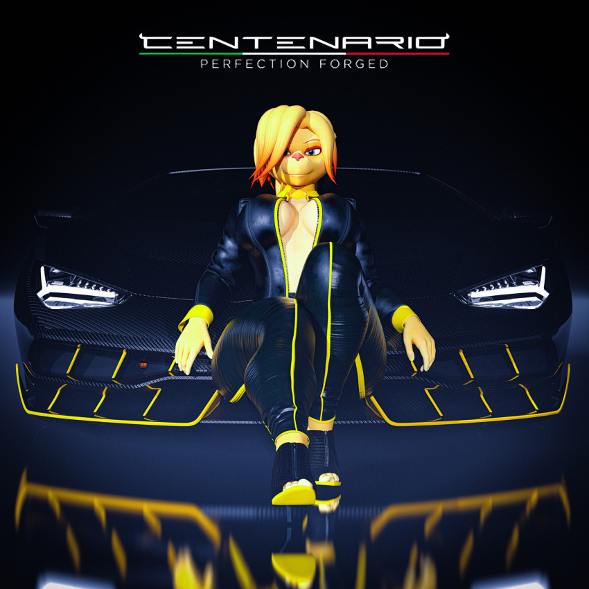 3d_(artwork) angela_cross black_clothing bludergat99 carbon_fiber clothed clothing digital_media_(artwork) female hi_res jacket lamborghini leather leather_clothing lombax looking_at_viewer mammal open_clothing open_jacket open_topwear ratchet_and_clank reflective_floor sitting sitting_on_car smile solo sony_corporation sony_interactive_entertainment topwear yellow_body