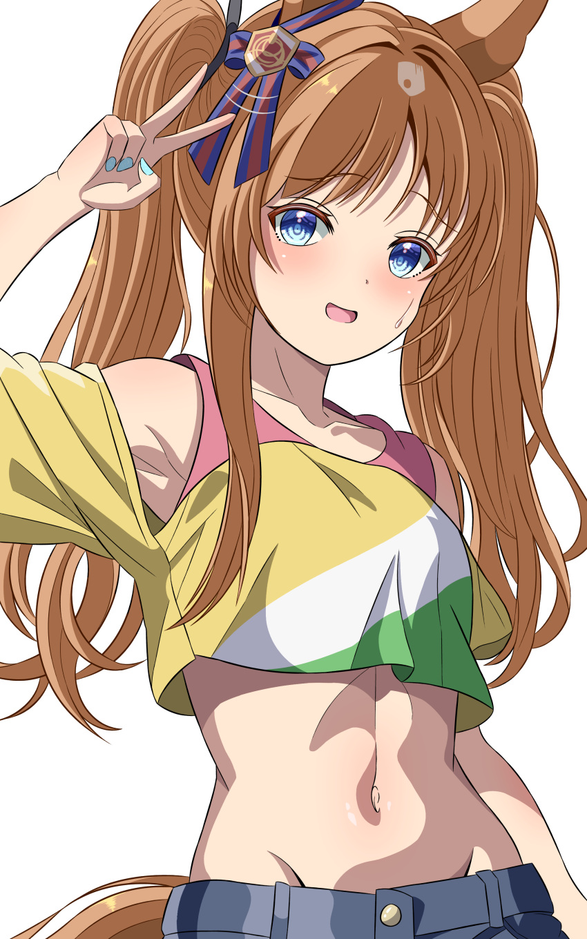 1girl 96dai_0313 abs absurdres alternate_costume alternate_hairstyle animal_ears bare_shoulders blush breasts brown_hair casual clothing_cutout commentary_request cosplay cropped_shirt ear_ornament fingernails grass_wonder_(umamusume) groin highres horse_ears horse_girl horse_tail long_hair looking_at_viewer mayano_top_gun_(umamusume) midriff navel open_mouth shirt shoulder_cutout simple_background small_breasts smile solo sweat tail tokai_teio_(umamusume) tokai_teio_(umamusume)_(cosplay) twintails umamusume upper_body v white_background yellow_shirt