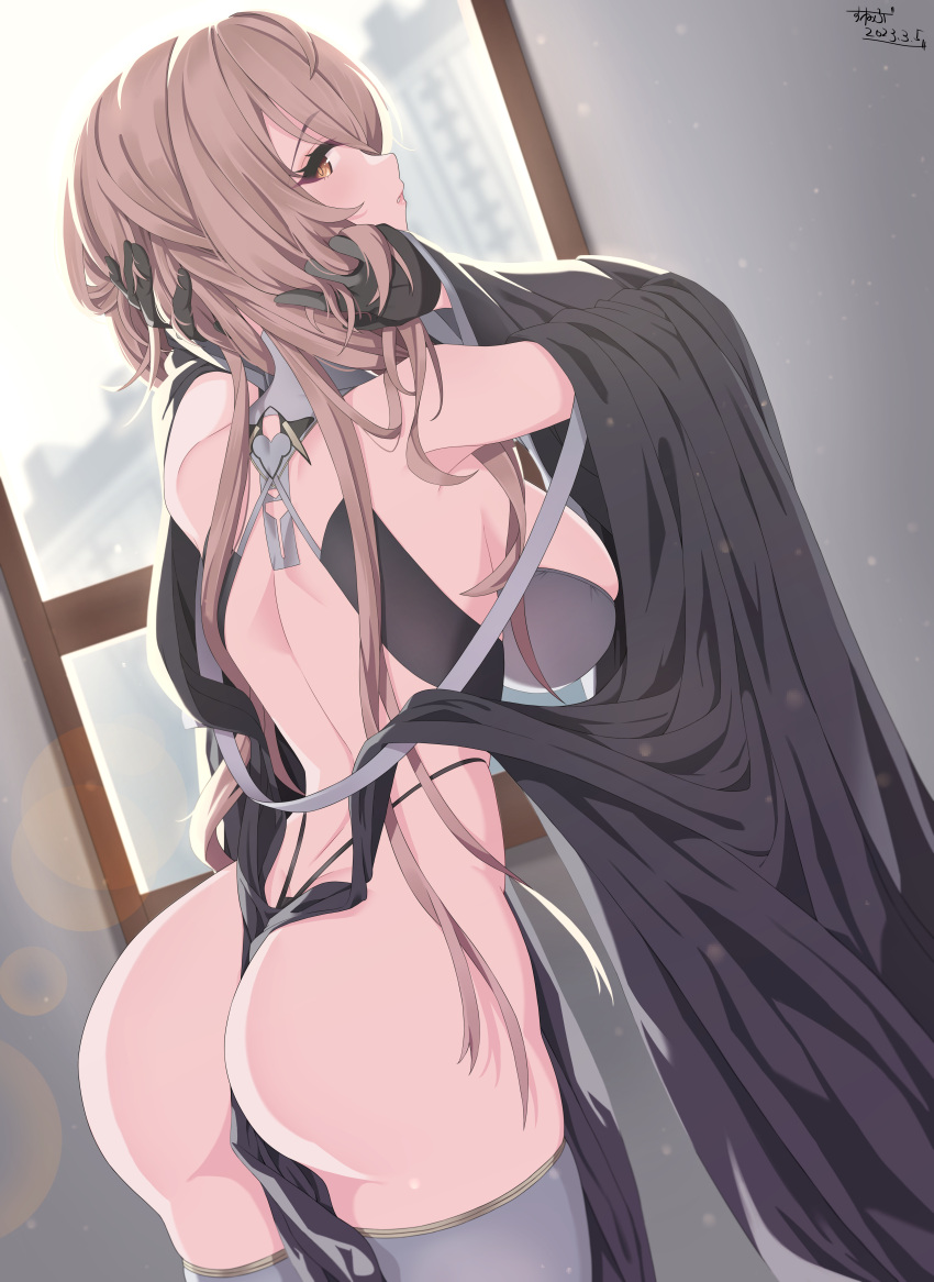 1girl absurdres azur_lane back backless_outfit black_gloves blonde_hair breasts criss-cross_back-straps dated from_behind gloves half_gloves hands_in_hair hands_up highleg highleg_panties highres implacable_(azur_lane) large_breasts long_hair looking_at_viewer panties pelvic_curtain red_eyes revealing_clothes standing sunebu_(snake_boo2) thighhighs underwear very_long_hair wide_sleeves