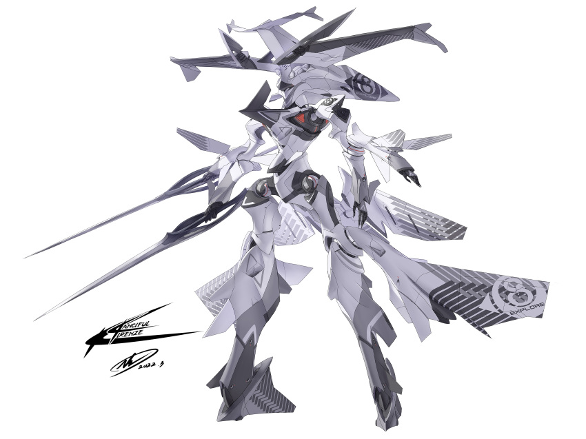 absurdres andrew_leung black_eyes dated extra_arms full_body highres holding holding_sword holding_weapon mecha no_humans original robot science_fiction signature simple_background solo sword weapon white_background