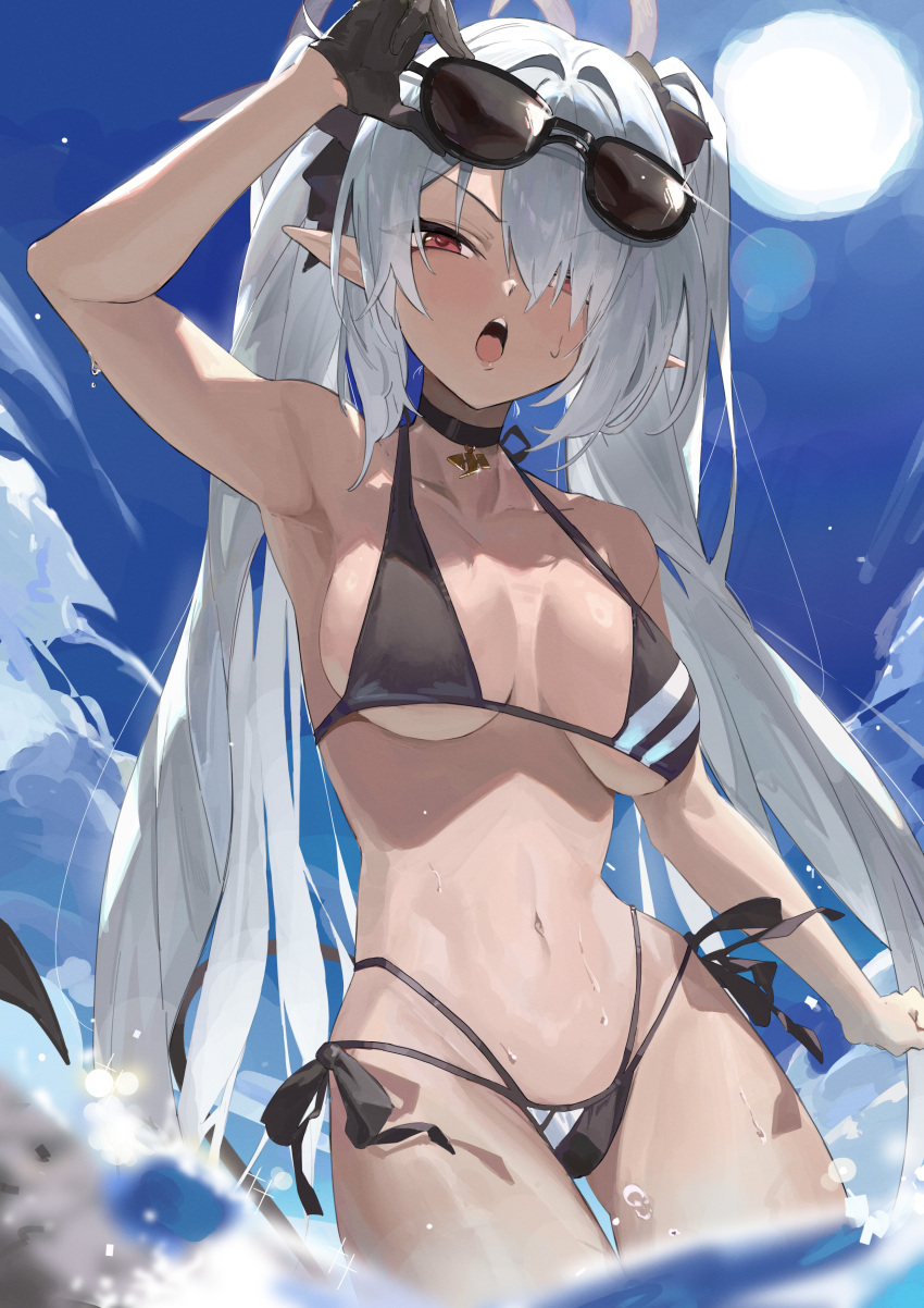 1girl absurdres arm_up armpits bikini black_bikini black_choker black_gloves blue_archive blue_sky blurry breasts choker dark-skinned_female dark_skin demon_tail depth_of_field eyewear_on_head glint gloves grey_hair halo highres iori_(blue_archive) iori_(swimsuit)_(blue_archive) lemoneko long_hair looking_at_viewer medium_breasts navel open_mouth pointy_ears red_eyes sky solo stomach sunglasses swimsuit tail twintails v-shaped_eyebrows very_long_hair wading water wet