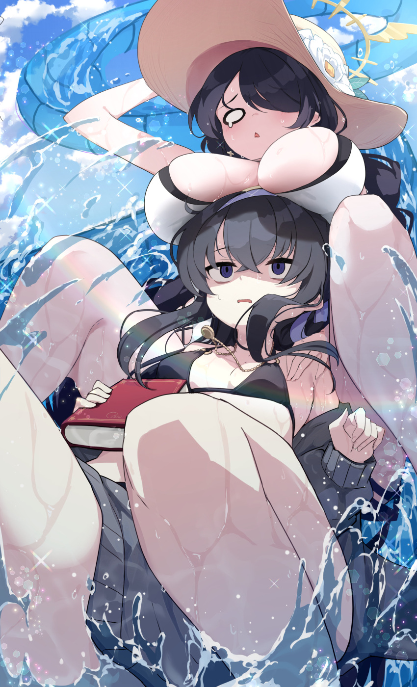 2girls absurdres bikini black_bikini blue_archive book braid breasts grey_jacket hairband halo hat highres hinata_(blue_archive) hinata_(swimsuit)_(blue_archive) jacket jewelry large_breasts long_hair multiple_girls necklace off_shoulder open_mouth osisio partially_submerged purple_eyes purple_hairband sun_hat swimsuit ui_(blue_archive) ui_(swimsuit)_(blue_archive) wet white_bikini yellow_halo