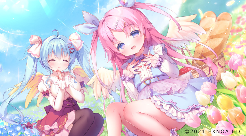 2girls :d ^_^ ahoge angelic_link baguette basket black_thighhighs blue_dress blue_eyes blue_hair blue_ribbon blue_sky blush bread breasts brown_skirt character_request closed_eyes closed_mouth cloud day dress feathered_wings feet_out_of_frame flower food hair_ornament hair_ribbon hairclip heart heart_hair_ornament large_breasts long_hair long_sleeves looking_at_viewer multiple_girls official_art on_grass outdoors palms_together pink_flower pink_hair puffy_long_sleeves puffy_sleeves ribbon shirt sitting skirt sky sleeveless sleeveless_dress sleeves_past_wrists smile swept_bangs thighhighs tulip two_side_up usashiro_mani very_long_hair white_flower white_shirt white_wings wings yellow_flower