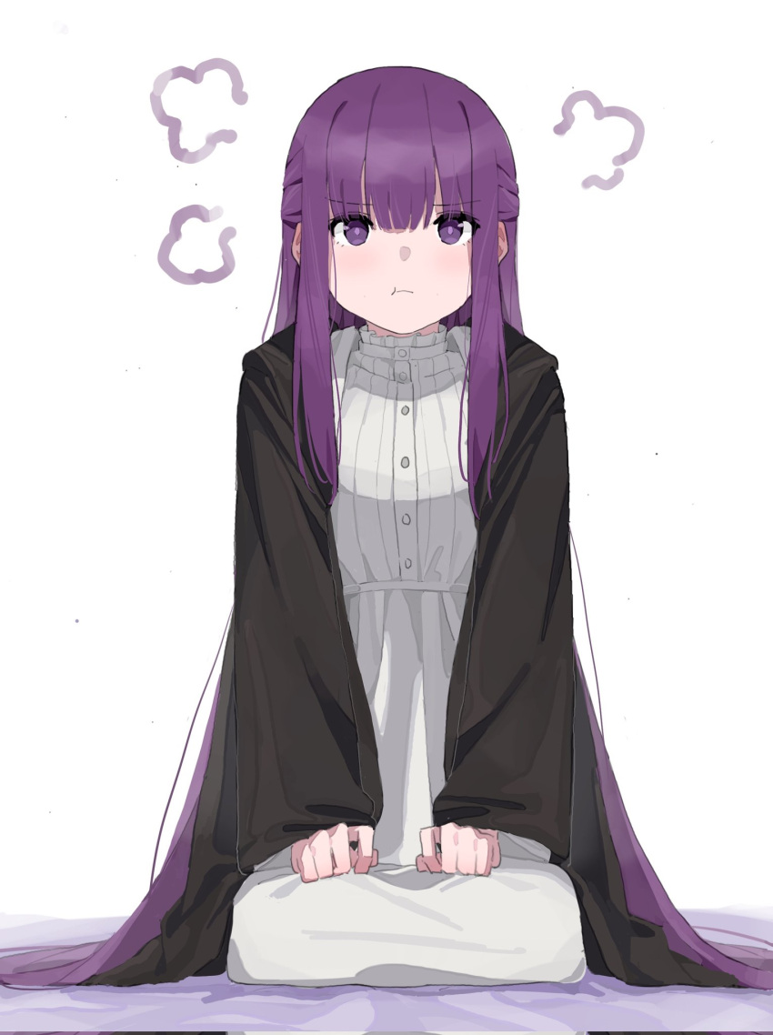 1girl :t =3 angry black_robe closed_mouth cloud dress fern_(sousou_no_frieren) frown gown half_updo highres kneeling long_hair long_sleeves muina pout purple_eyes purple_hair robe simple_background sitting solo sousou_no_frieren white_background