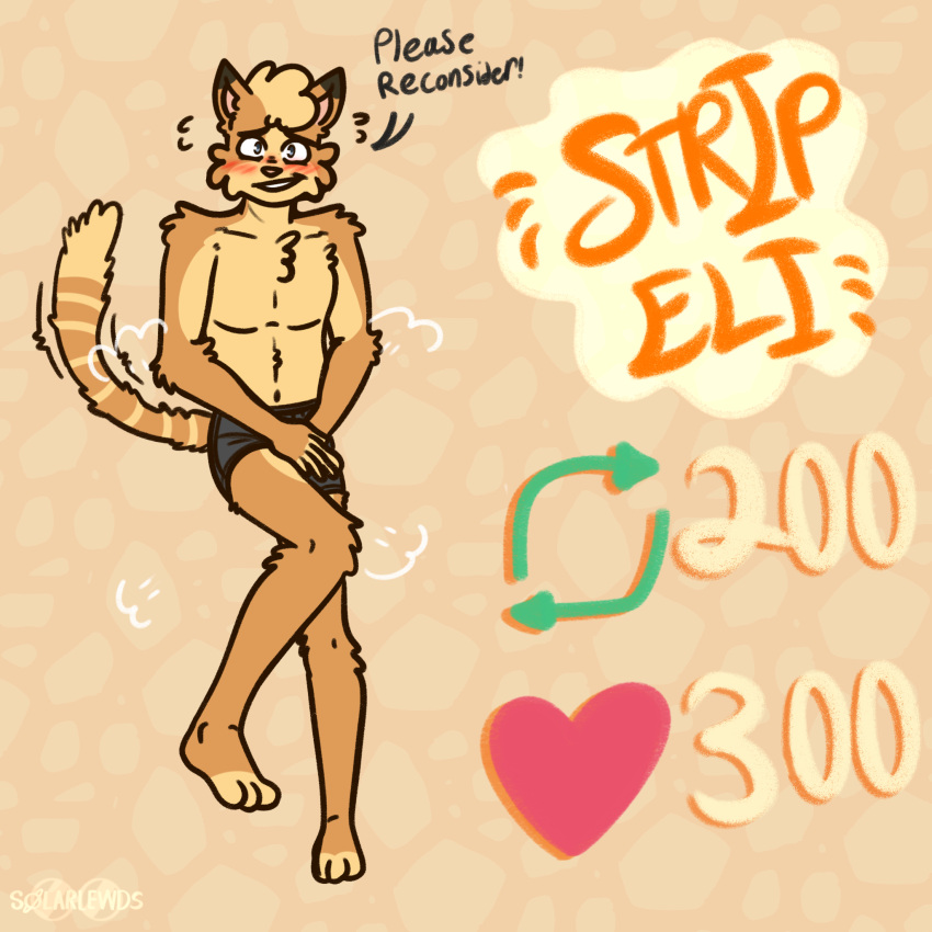 anthro art_meme blush breaking_the_fourth_wall clothed clothing digital_media_(artwork) eli_(solarlewds) english_text felid feline fur hi_res male mammal meme multicolored_body multicolored_fur partially_clothed simple_background solarlewds solo text twitter underwear yellow_body yellow_fur