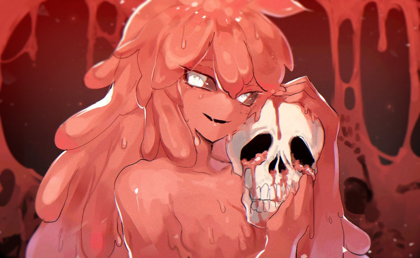 1girl bad_id bad_twitter_id commentary hair_between_eyes hands_up holding holding_skull korean_commentary lobotomy_corporation long_hair looking_at_viewer melting_love monster_girl object_hug parted_lips pink_theme project_moon remsrar skull slime_girl smile solo upper_body white_eyes