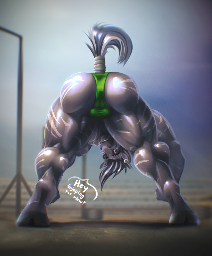 absurd_res anthro big_muscles bottomwear butt clothing dialogue digitigrade ear_piercing equid equine genital_outline hi_res hooves huge_muscles huge_thighs looking_at_viewer looking_back looking_back_at_viewer male mammal muscular muscular_anthro muscular_butt muscular_male muscular_thighs piercing rizzy_stripe rizzyofen smile solo speech_bubble stretching talking_to_viewer thick_thighs zebra