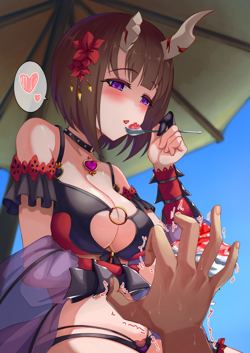 +_+ 1girl belt bikini blue_sky blush broken_horn choker claw_ring commentary_request cup day demon_horns eriko_(princess_connect!) eriko_(summer)_(princess_connect!) flower_bracelet flower_trim food heart heart_choker highres holding holding_cup holding_spoon horns ice_cream long_hair looking_at_viewer mononoke_(pixiv53597254) multi-strapped_bikini_bottom multi-strapped_bikini_top o-ring o-ring_bikini o-ring_top official_alternate_costume pov_hand princess_connect! purple_shawl purple_tail see-through_shawl shawl sky smile solo_focus speech_bubble spiked_tail spoken_heart spoon swimsuit tail two-tone_bikini