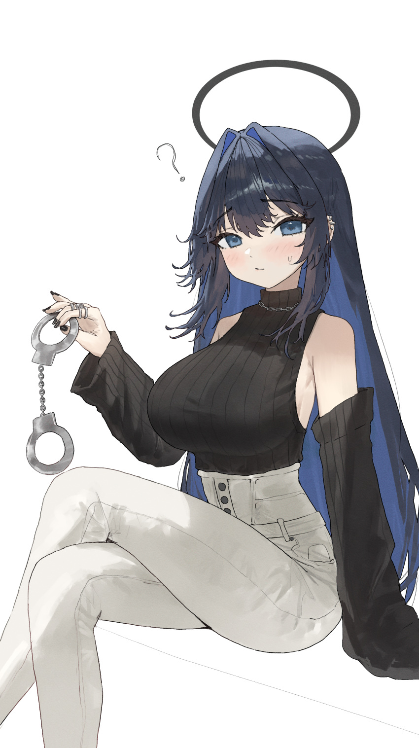 1girl ? absurdres alternate_color arch_05x bare_shoulders black_hair black_nails black_sweater blue_eyes blue_hair blush breasts chain closed_mouth colored_inner_hair crossed_legs cuffs dark_blue_hair detached_sleeves hair_between_eyes hair_intakes halo handcuffs high-waist_pants highres hololive hololive_english jewelry large_breasts long_hair looking_at_viewer multicolored_hair official_alternate_costume ouro_kronii pants ring shirt_tucked_in sideboob simple_background sitting sleeveless sleeveless_turtleneck solo sweater turtleneck turtleneck_sweater virtual_youtuber white_background white_pants