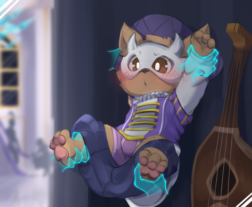 anthro blush bottomwear bottomwear_down boxer_briefs brown_body brown_eyes brown_fur bulge clothed clothing detailed_background disembodied_hand fur group hat headgear headwear hi_res holding_partner league_of_legends male mask musical_instrument pants pants_down partially_clothed pawpads pupils purple_boxer_briefs purple_clothing purple_underwear riot_games shirt smite_(artist) solo_focus topwear underwear white_pupils yordle