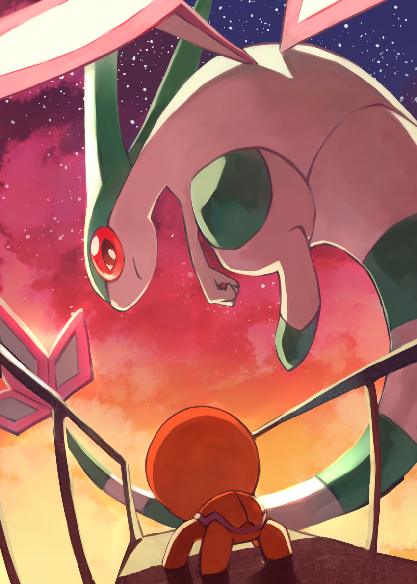 absurdres bright_pupils brown_eyes closed_mouth commentary_request flying gara_(qbeuxvii22) highres looking_down no_humans outdoors pokemon pokemon_(creature) sky star_(sky) trapinch twilight white_pupils