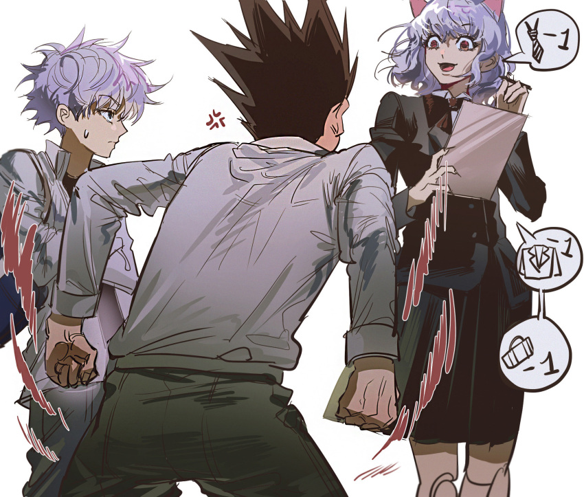 1other 2boys alternate_costume anger_vein animal_ears cat_ears chimera_ant corraboar curly_hair dress feet_out_of_frame from_below gon_freecss highres hunter_x_hunter jitome joints killua_zoldyck looking_at_another multiple_boys neferpitou sales short_hair smile smug spoken_object standing white_hair