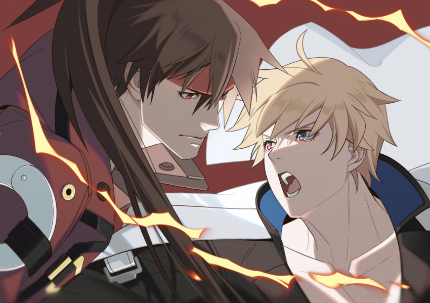 2boys ark1478 bishounen blonde_hair brown_hair fire forehead_protector guilty_gear guilty_gear_strive headband highres ky_kiske long_hair looking_at_another male_focus multiple_boys muscular muscular_male open_mouth ponytail red_eyes short_hair simple_background sol_badguy