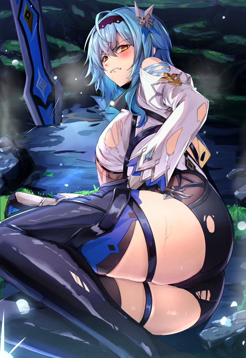 1girl absurdres ass biting black_footwear black_gloves black_hairband black_thighhighs blue_hair bodysuit boots breasts butterfly_hair_ornament clothing_cutout defeat eula_(genshin_impact) genshin_impact gloves gradient_eyes greatsword hair_between_eyes hair_ornament hairband highres large_breasts lip_biting long_hair looking_at_viewer lying multicolored_eyes on_ground on_side shoulder_cutout solo song_of_broken_pines_(genshin_impact) sword thigh_boots thighhighs thighs torn_bodysuit torn_clothes weapon yoshimoto_(carpsukidayo)