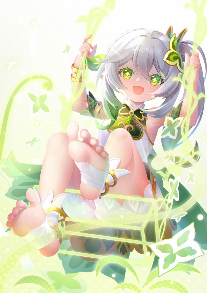 +_+ 1girl bracelet breasts feet genshin_impact green_eyes grey_hair hair_between_eyes highres jewelry medium_hair minzieart nahida_(genshin_impact) open_mouth side_ponytail sidelocks small_breasts smile soles solo stirrup_legwear swing swing_set swinging thighs toeless_legwear toes