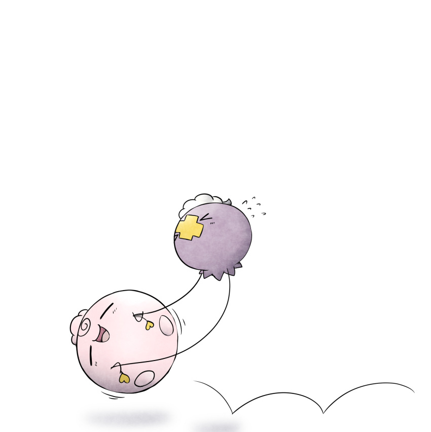 &gt;_&lt; blush carrying closed_eyes commentary_request drifloon flying_sweatdrops highres igglybuff kashiwa_(3920kashiwa) motion_lines no_humans open_mouth pokemon pokemon_(creature) simple_background smile white_background