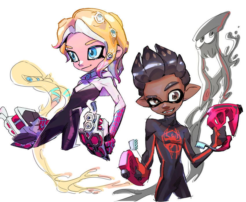 1boy 1girl black_hair blonde_hair blue_eyes bodysuit brown_eyes closed_mouth commentary_request crossover dark-skinned_male dark_skin ddyun_923 highres holding holding_weapon korean_commentary marvel miles_morales octoling open_mouth pointy_ears simple_background smile spider-gwen spider-man:_into_the_spider-verse spider-man_(miles_morales) spider-man_(series) splatoon_(series) weapon white_background