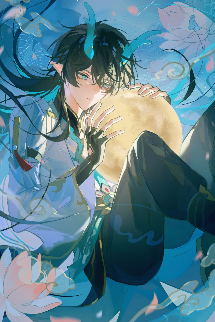 1boy absurdres aqua_background aqua_eyes aqua_horns black_gloves black_hair black_pants black_shirt brooch collared_shirt dan_heng_(honkai:_star_rail) dan_heng_(imbibitor_lunae)_(honkai:_star_rail) eyeliner flower gloves glowing hands_up highres holding_moon honkai:_star_rail honkai_(series) horn_ornament horns jacket jewelry knees_up long_hair long_sleeves luningzi makeup male_focus pants parted_lips pink_flower pointy_ears print_jacket red_eyeliner scales seigaiha shirt solo translucent_horns very_long_hair waist_sash water_lily_flower white_jacket wide_sleeves