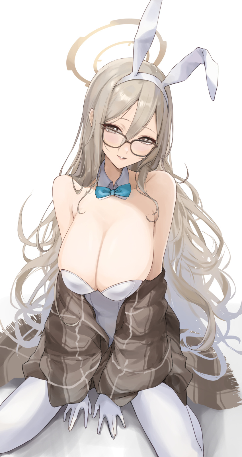 1girl absurdres akane_(blue_archive) akane_(bunny)_(blue_archive) animal_ears bare_shoulders blue_archive blue_bow bow bowtie breasts cleavage detached_collar fake_animal_ears glasses gloves hair_between_eyes highres large_breasts leotard light_smile long_hair pantyhose parted_lips plaid_shawl playboy_bunny rabbit_ears shawl simple_background sitting solo suna6080 very_long_hair wariza white_background white_gloves white_leotard white_pantyhose