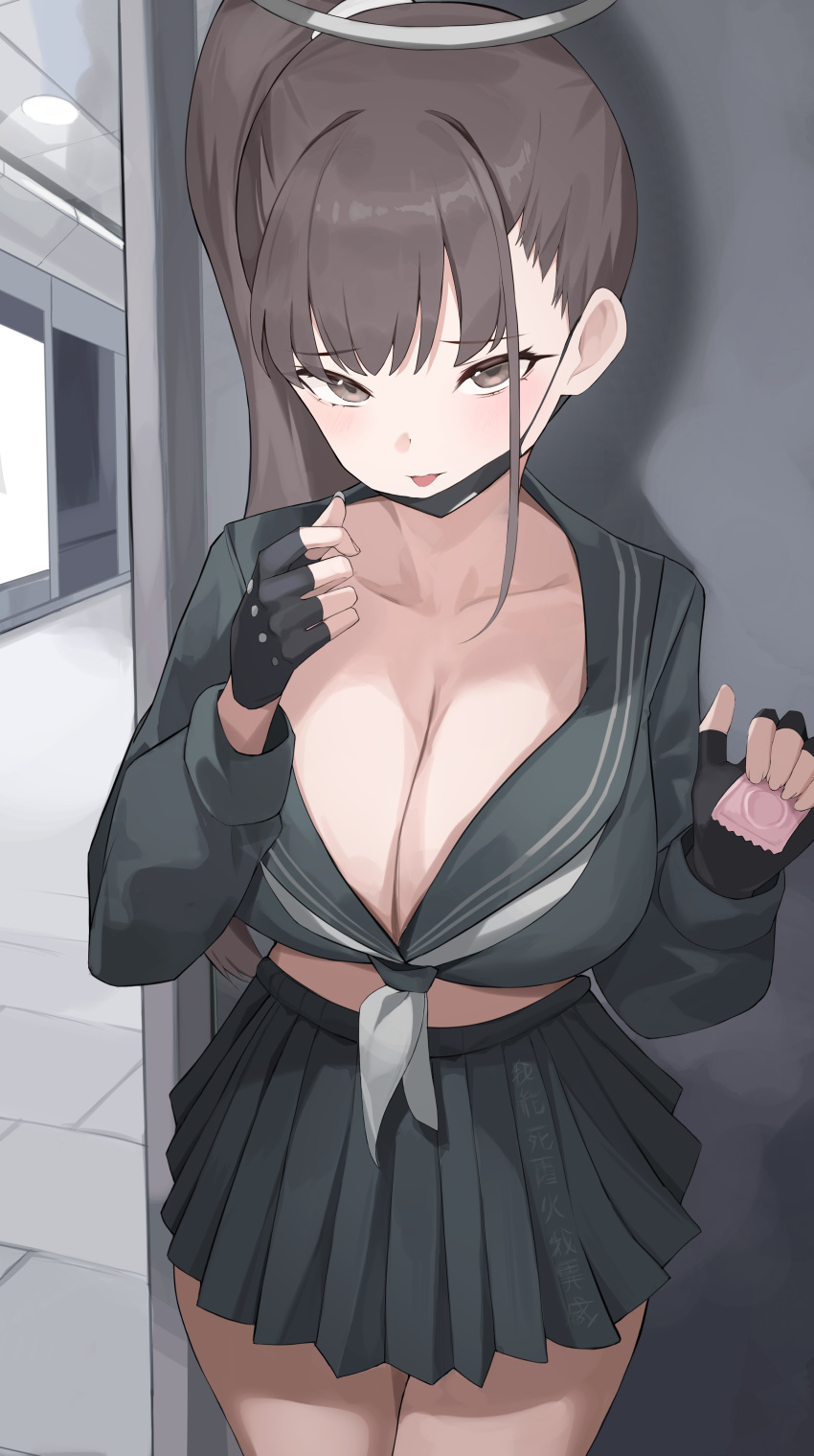 1girl absurdres ahr_tato black_mask black_serafuku blue_archive blush breasts brown_hair cleavage collarbone condom cropped_shirt fingerless_gloves fingernails gloves grey_neckerchief halo highres holding holding_condom large_breasts looking_at_viewer mask mask_pull midriff miniskirt mouth_mask neckerchief pleated_skirt school_uniform serafuku side_ponytail skirt solo sukeban_(smg)_(blue_archive)
