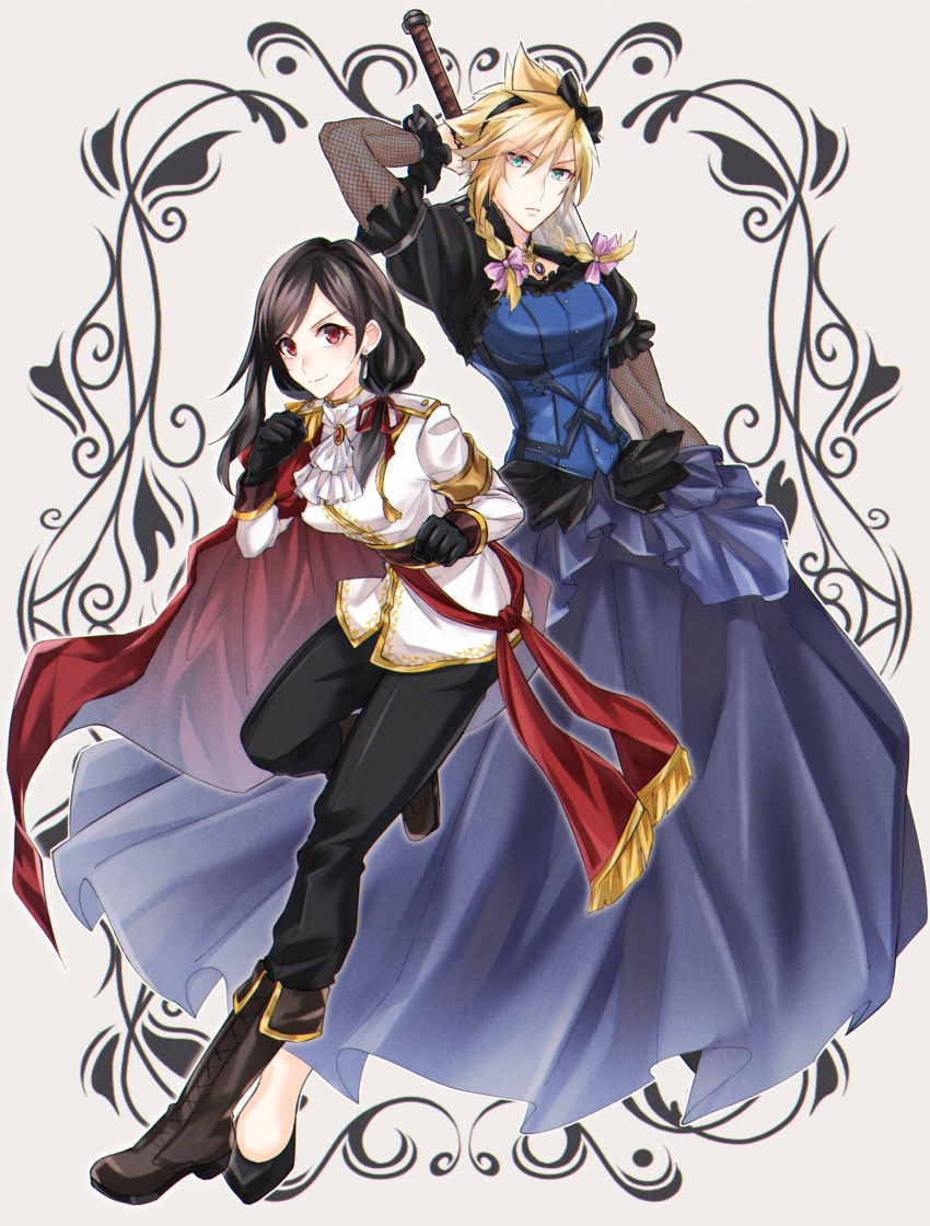 1boy 1girl alternate_costume alternate_hairstyle arm_up black_footwear black_gloves black_hairband black_pants blue_corset blue_dress blue_eyes boots bow braid breasts brown_footwear buster_sword cape clenched_hands closed_mouth cloud_strife commentary_request corset cross-laced_footwear crossdressing dress earrings fighting_stance final_fantasy final_fantasy_vii final_fantasy_vii_remake fishnet_armwear full_body gloves hair_bow hairband highres holding holding_sword holding_weapon jacket jewelry knee_boots lace-up_boots looking_at_viewer low_ponytail low_side_ponytail medium_breasts military military_uniform mizuamememe official_alternate_costume official_alternate_hairstyle pants pendant_choker pink_bow red_cape red_eyes serious side_ponytail single_earring smile spiked_hair standing standing_on_one_leg swept_bangs sword teardrop_earring tifa_lockhart twin_braids uniform weapon weapon_on_back white_jacket