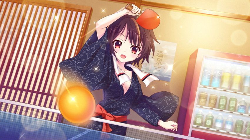 1girl arm_up ball bandou_mikuru bath_yukata blonde_hair blue_kimono bottle bow breasts brown_hair can cleavage collarbone dot_nose dutch_angle film_grain game_cg holding holding_paddle indoors izumi_tsubasu japanese_clothes kimono lens_flare motion_blur multicolored_hair non-web_source official_art open_mouth paddle playing_sports racket re:stage! red_bow red_eyes red_sash sash short_hair small_breasts smile solo sparkle streaked_hair table_tennis table_tennis_ball table_tennis_net table_tennis_paddle towel towel_around_neck two-tone_hair vending_machine water_bottle white_towel yukata