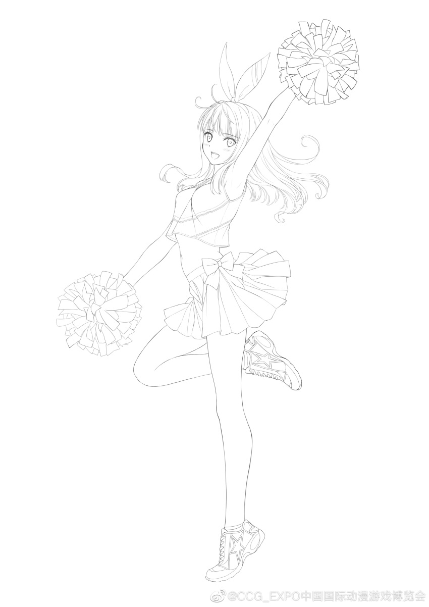 1girl :d absurdres arm_up armpits bare_arms bare_legs bow bow_hairband ccg_expo cheerleader crop_top from_side full_body hairband heel_up highres holding holding_pom_poms leg_up lineart looking_at_viewer looking_to_the_side miniskirt monochrome navel open_mouth pleated_skirt pom_pom_(cheerleading) shoes skirt sleeveless smile sneakers solo standing standing_on_one_leg star_(symbol) tony_taka weibo_logo weibo_username white_background zi_ling